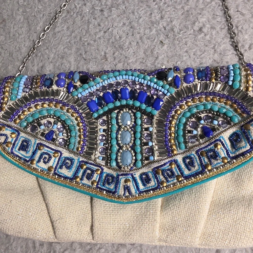 Chico's Clutch Bag‎ Beige Blue Beaded Turquoise Green Coastal Bohemian Purse
